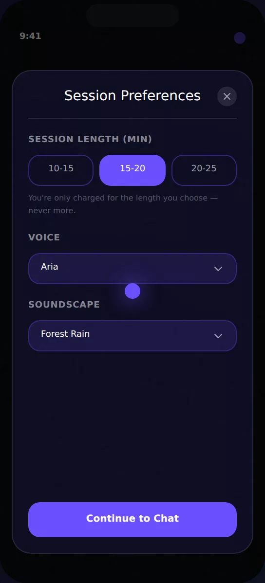Hypnova session setup screen showing length, voice and soundscape pickers